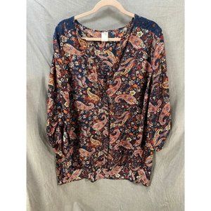 Terrra Sky‎ Shirt Women 1X Blue Orange Floral Paisley Long Sleeve Top Ladies.